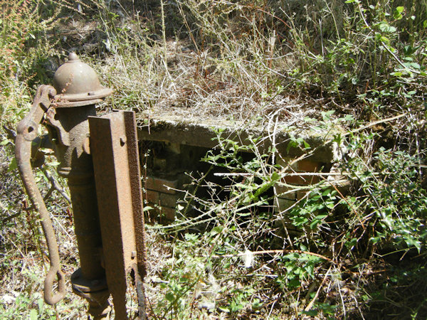 A rusty pump in front of a brick and concrete structure covered in weeds