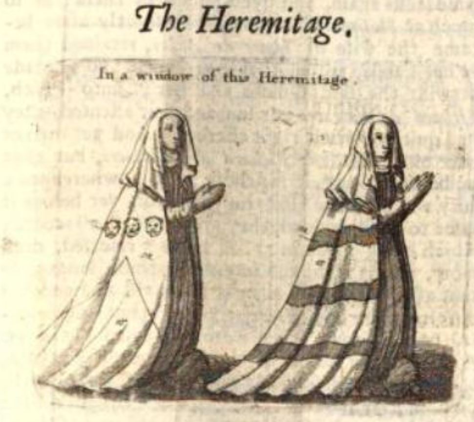 An image taken from an old manuscript showing two kneeling nuns praying and wearing flowing robes bearing coats of arms: the first three unidentifiable heads and an upwards-pointing chevron; the second three horizontal stripes