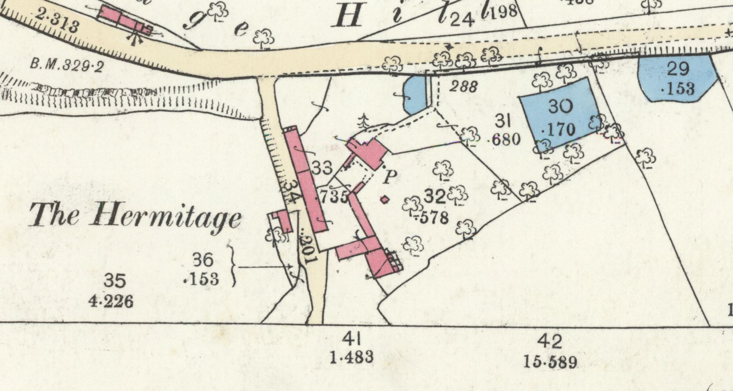 An image of an old Ordnance Survey map depicting a cluster of small farm buildings next to three irregularly shaped fishponds, surrounded by open fields