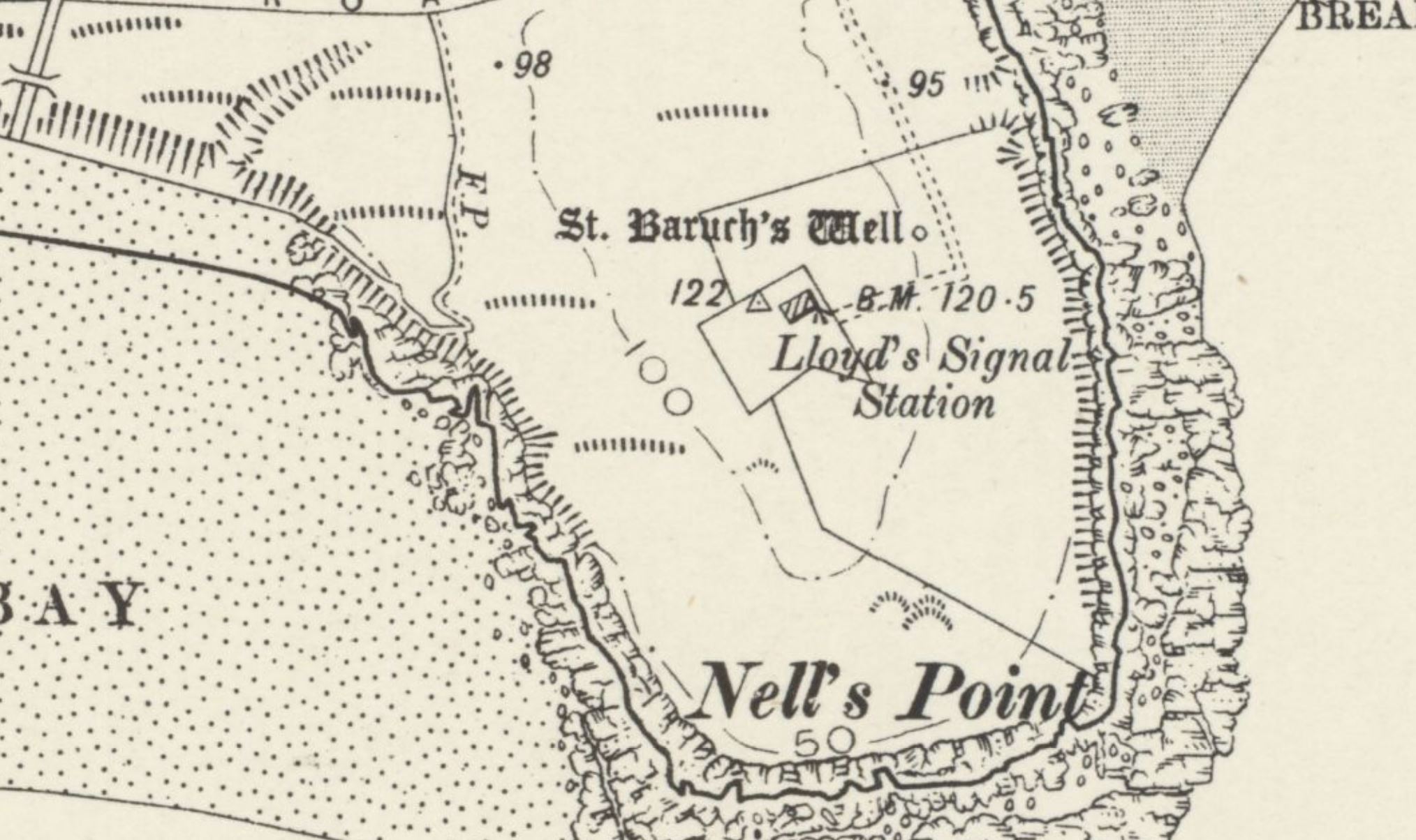 An old OS map showing a well called St Baruchs Well next to a signal station